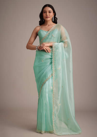 Aqua Blue Glass Tissue Embroidered Saree With Cutdana Work