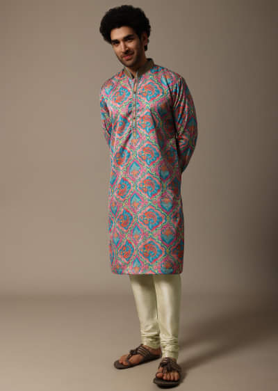 Aqua Blue Printed Silk Kurta Set For Men