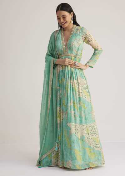 Aqua Green Printed Anarkali With Embroidered Dupatta