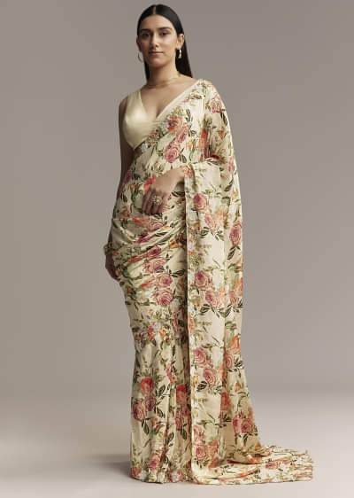 Beige Crepe Saree With Multicolor Floral Print And Moti Embroidery