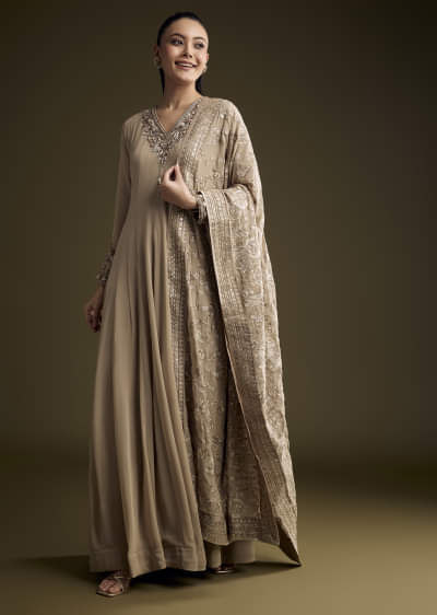 Beige Georgette Anarkali Suit With Sequins And Thread Embroidery