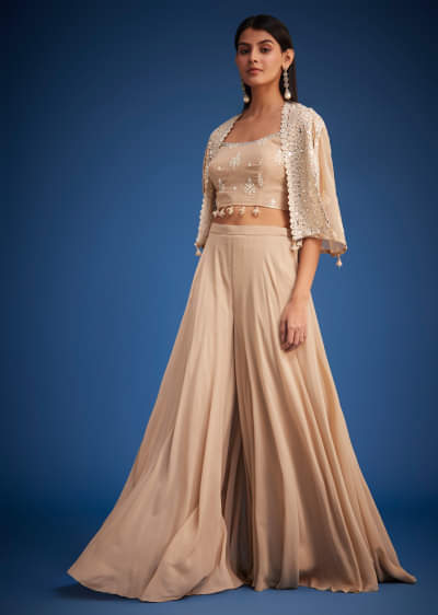 Beige Georgette Embroidered Cape Palazzo Set