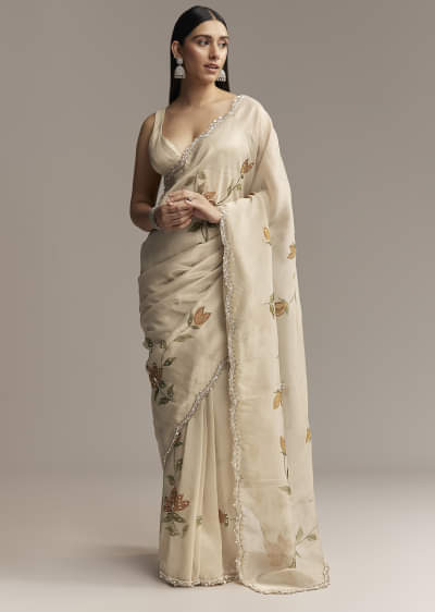 Beige Georgette Tissue Saree With Painted Florals And Sequin Embroidery