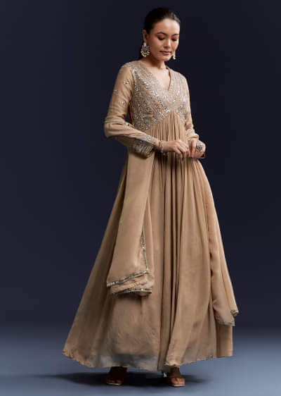 Beige Mirror Work Chinnon Anarkali with Dupatta