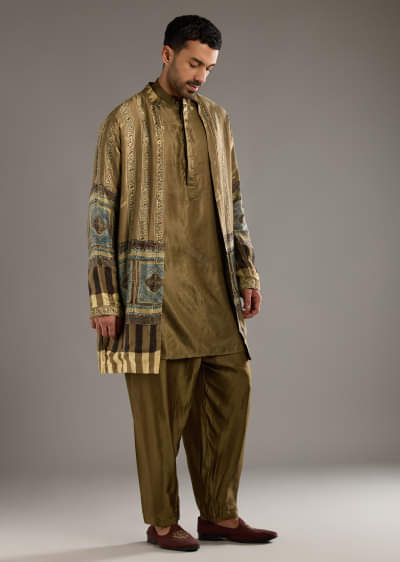 Beige Modal Linen Kurta Jacket Set For Men With Hand Block Ajrakh Print