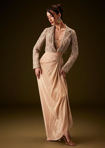 【送料込】 Buy Beige With Jacket Peplum Embroidered Zardozi Gold ジャケット・アウター