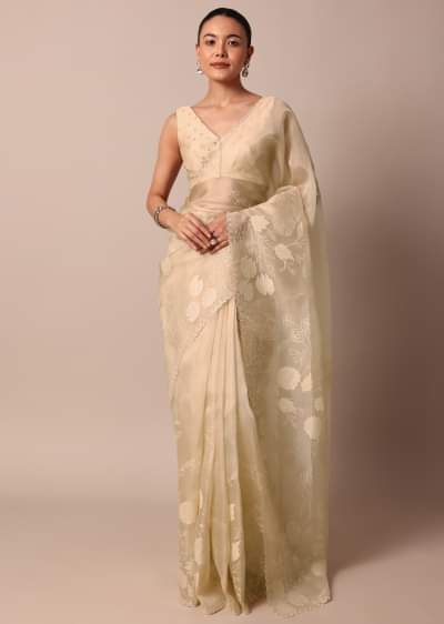 Buy Beige Brown Lace Fabricated Saree With 3D Embroidery