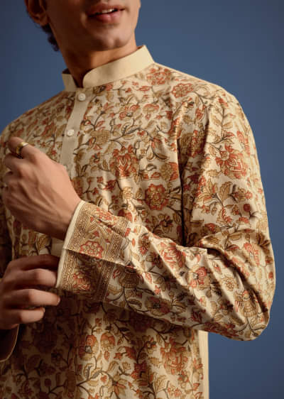 Beige Rayon Floral Block Printed Kurta Set