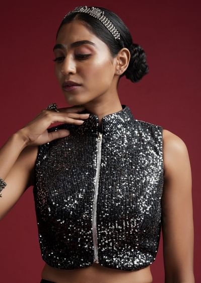 Buy Black Blouse In Sequins Fabric With Strap Sleeves And V