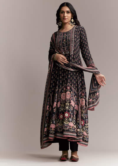 Black Floral Printed Anarkali Set