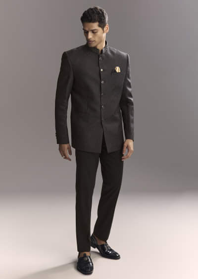 Black Jacquard Jodhpuri Suit For Men With Subtle Paisley Motifs