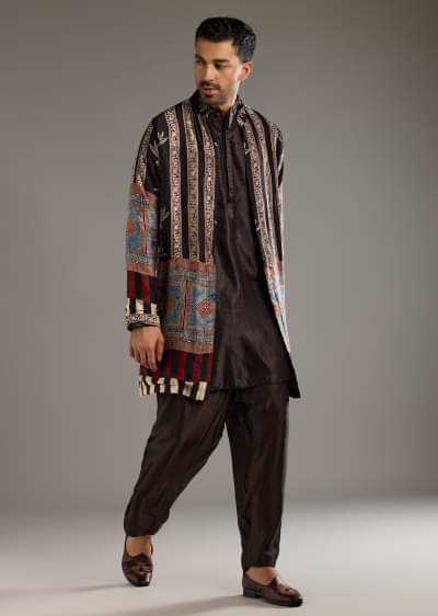 Black Modal Linen Kurta Jacket Set For Men With Hand Block Ajrakh Print