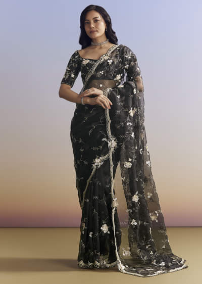 Black Organza Saree With All Over Floral Jaal Embroidery