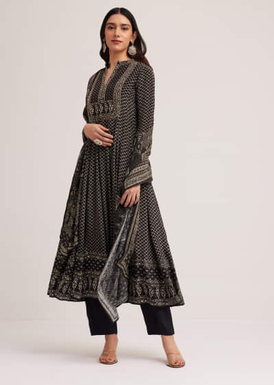 Black Bagru Printed Anarkali Set With Dupatta