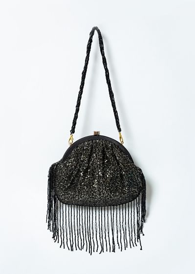 Buy Black Potli Bag In Velvet With Hand Embroidered Floral