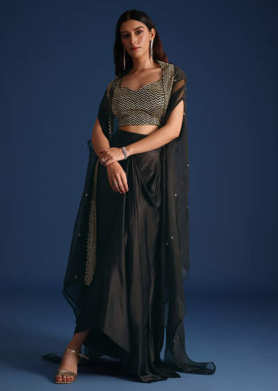 Black Cutdana Work Crop Top With Asymmetric Jacket And Skirt