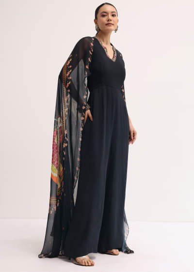 Black Embroidered Georgette Jumpsuit