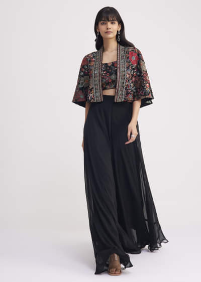 Black Georgette Croptop Palazzo With Sequin Work Cape