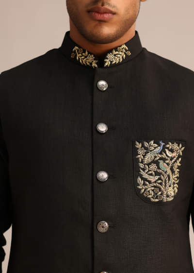 Black Linen Zardosi Embroidered Jacket Kurta Set