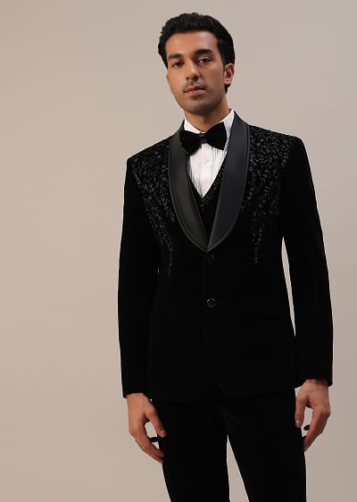 Buy Bottle Green Cut Dana Studded Tuxedo Set In Polyester