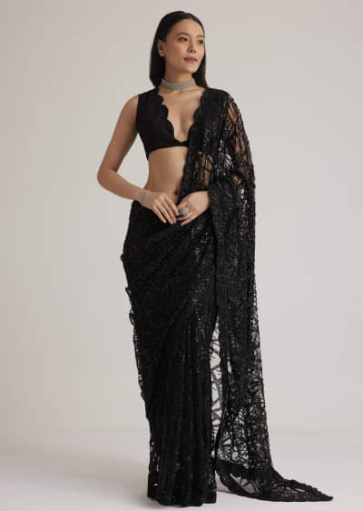 Black Net Saree With Sequins And Stones Embroidery
