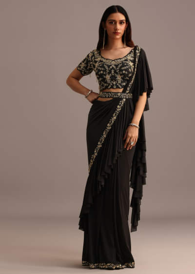 Black Ready To Wear Frills Saree With Embroided Blouse And Belt