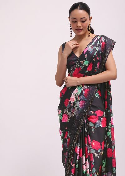 Buy Black Saree In Cotton With Batik Printed Floral Jaal Buy Black Saree In Cotton With Batik Printed Floral Jaal
