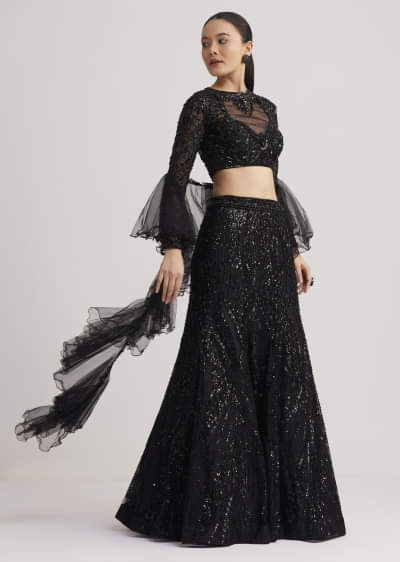 Black Sequins Lehenga Set With Ruffled Dupatta