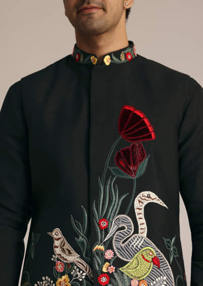 Black Silk Jacket Set With Resham Embroidery