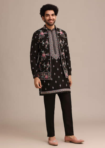 【おすすめ】 Black Buy Georgette Men For Work Resham With Set Jacket Kurta ジャケット・アウター