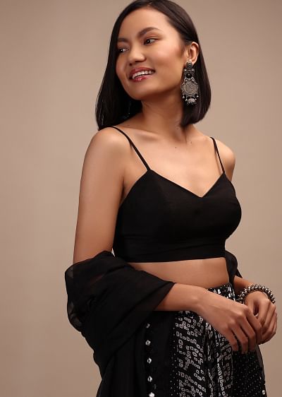 Black Sleeveless Blouse with Sweetheart Neckline | KALKI
