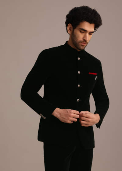 Black Velvet Jodhpuri Set With Pocket Square