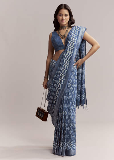 Blue Linen Printed Saree With Traditional Ajrakh Leaf Print
