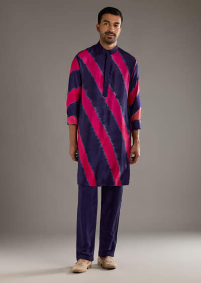 Blue Modal Kurta Set For Men With Hand Dyed Leheriya Print