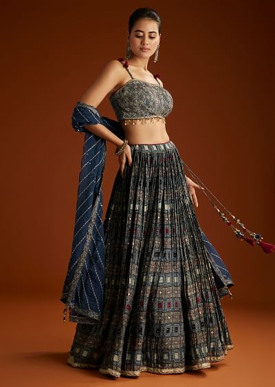 Buy Green Printed Lehenga Set With Mirror Embellished Jacket