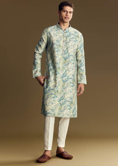 Blue Silk Kurta Set With Floral And Foil Print