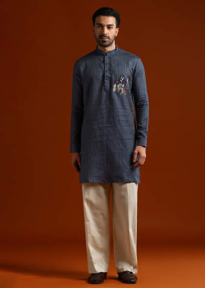 Blue Textured Kurta Set For Men With Resham Embroidery