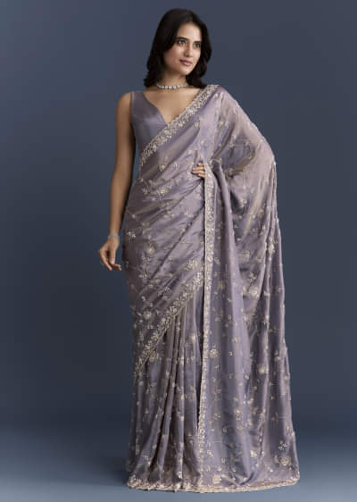 Blue Tissue Saree With Heavy Hand Embroidery