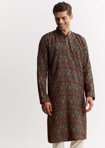 Blue Chanderi Printed Kurta Set With Mandarin Collar
