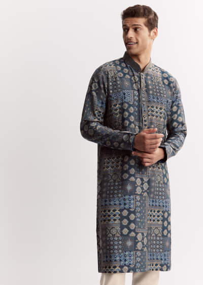 Blue Chanderi Printed Kurta Set With Stone Sequins And Cutdana
