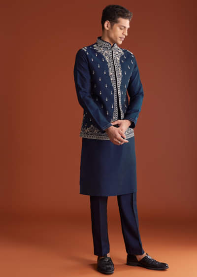 Blue Cotton Silk Kurta Jacket Set With Mirror Embroidery