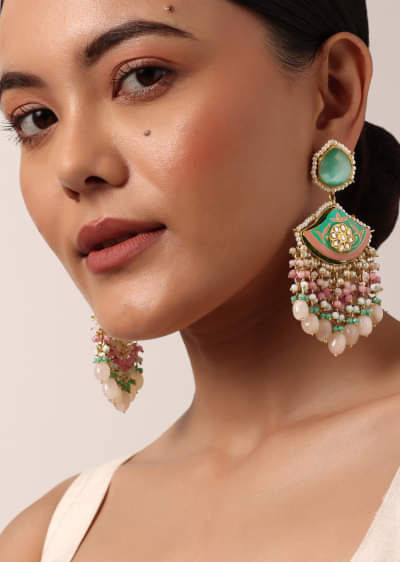 Blue Enameled Danglers With Pink Bead Drops And Kundan