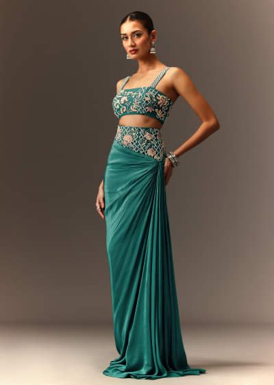 Blue Hand Embroidered Blouse And Drape Skirt With Cape