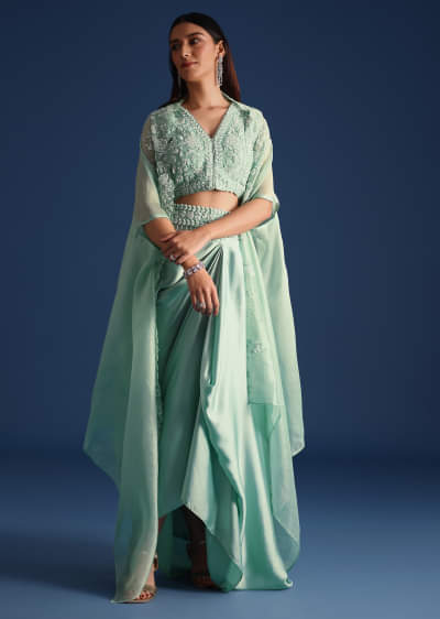 Buy White Jacket With Embellished Blouse And Draped Skirt