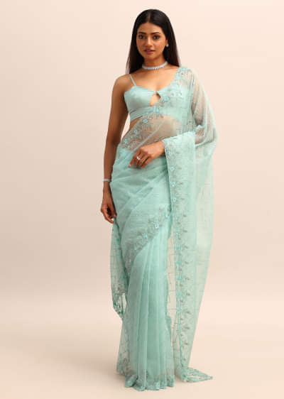 Sea Green Organza Cutdana Saree And Sequins Border Pallu With Unstitched Blouse