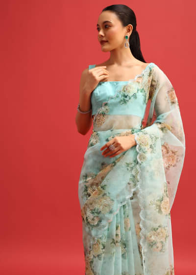 Blue Floral Embroidered Chiffon Saree with Border | KALKI