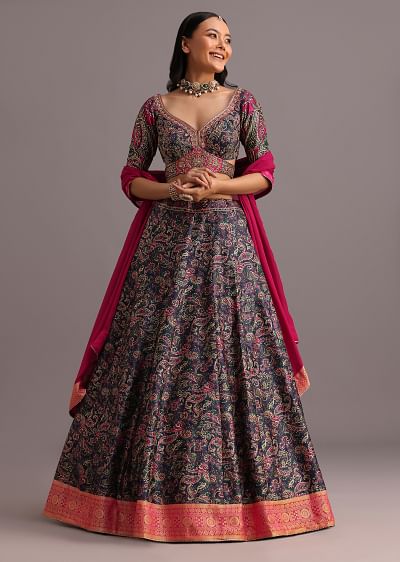 Buy Purple And Pink Embroidered Silk Lehenga Choli Set