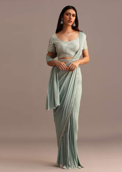 Blue Readymade Saree With Embroidered Blouse