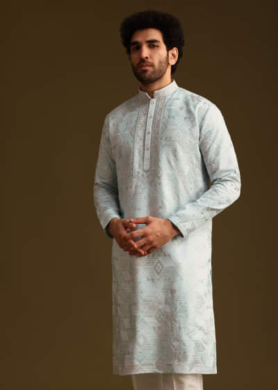 Blue Silk Mandarin Collar Kurta Set With Embroidered Yoke