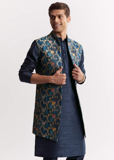 Blue Silk Printed Jacket Kurta Set With Floral Motifs